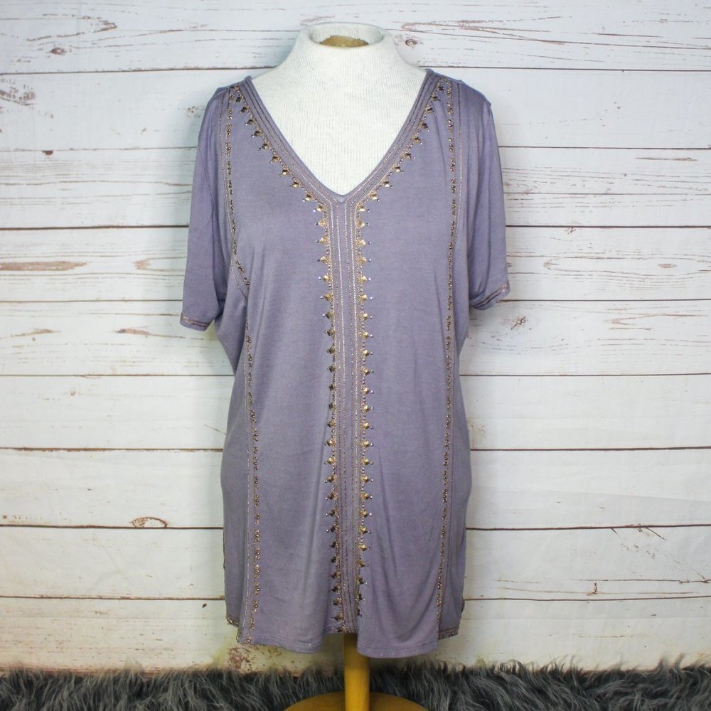 Soft Surroundings Grey Gold Tunic Gold Sequins Beading Top Shirt XL Plus Size